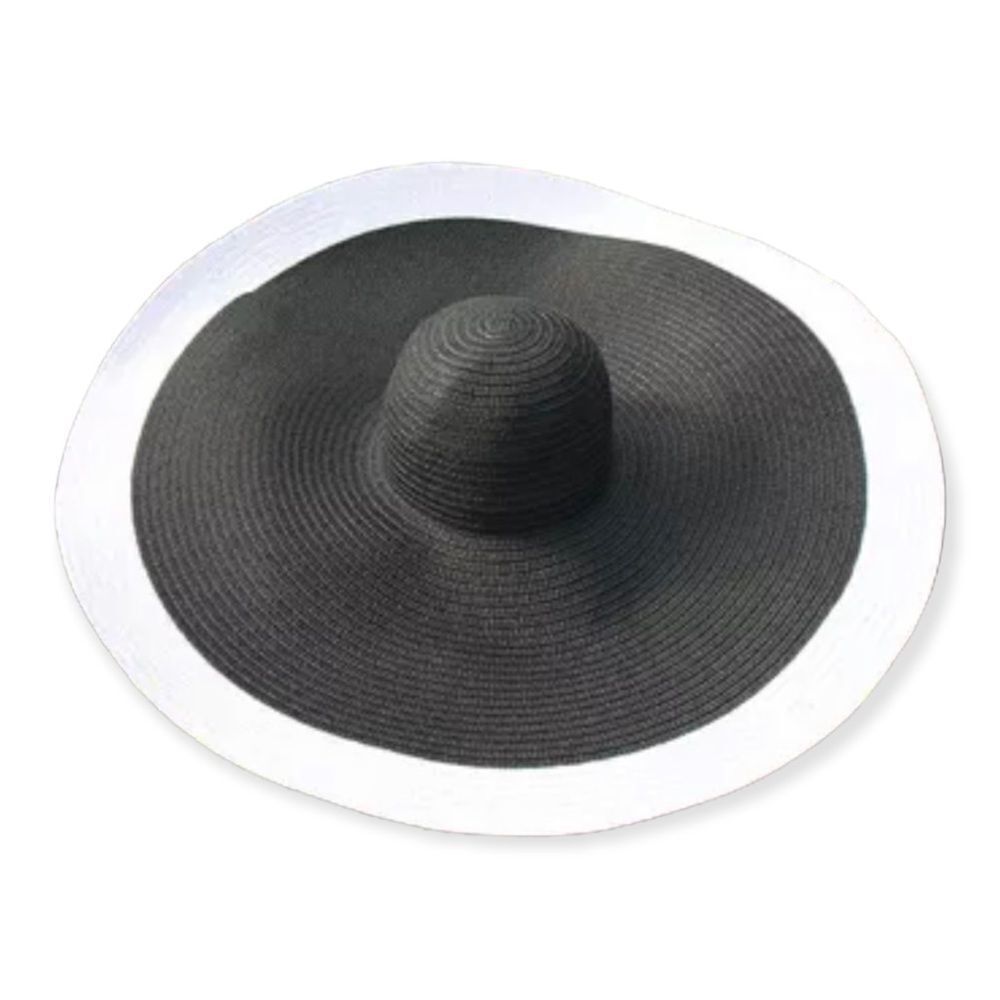 Extra Wide Brim Straw Sun Hat Black White Trim Portable OS NWT